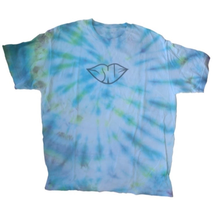 blue/white/a lil bit of green and  touch of purple around the right shoulder / tye-dyed shirt